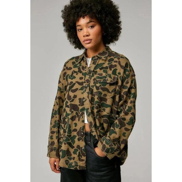 BDG Urban Outfitters Dani Flannel Shirt Tunic Top Buttondown Army Print S 283065 - Picture 1 of 8